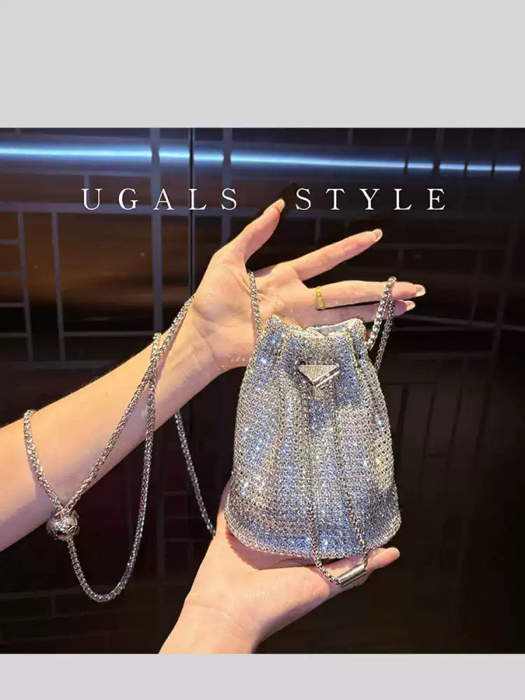 Rhinestone-Embellished Drawstring Bucket Bag