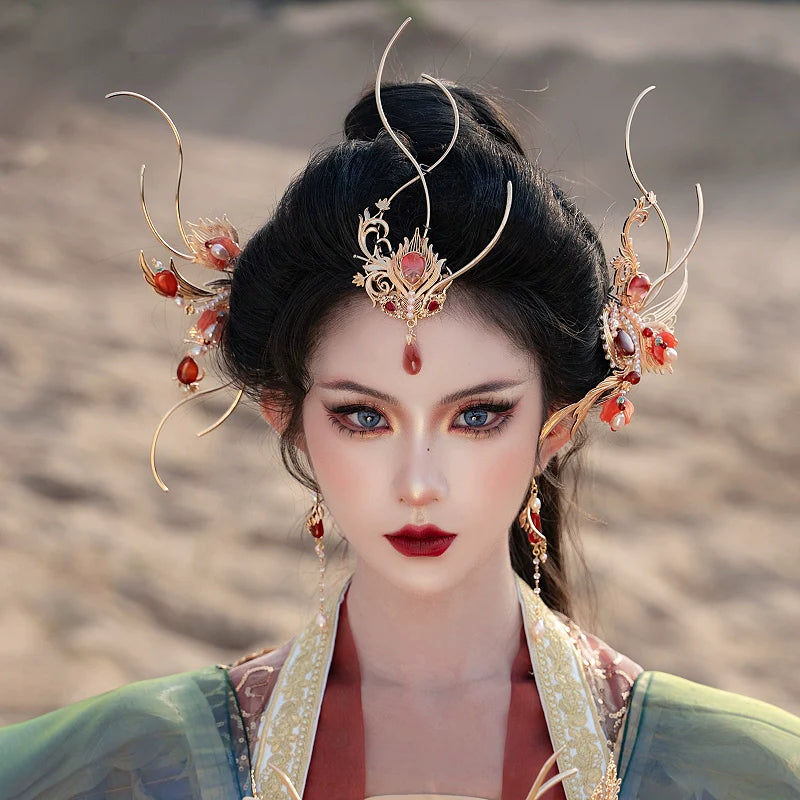 Hanfu Hair Accessories Set: Red Flame Moon Song