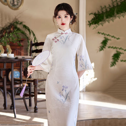Soft Clouds - Half Sleeve Midi Floral Cheongsam