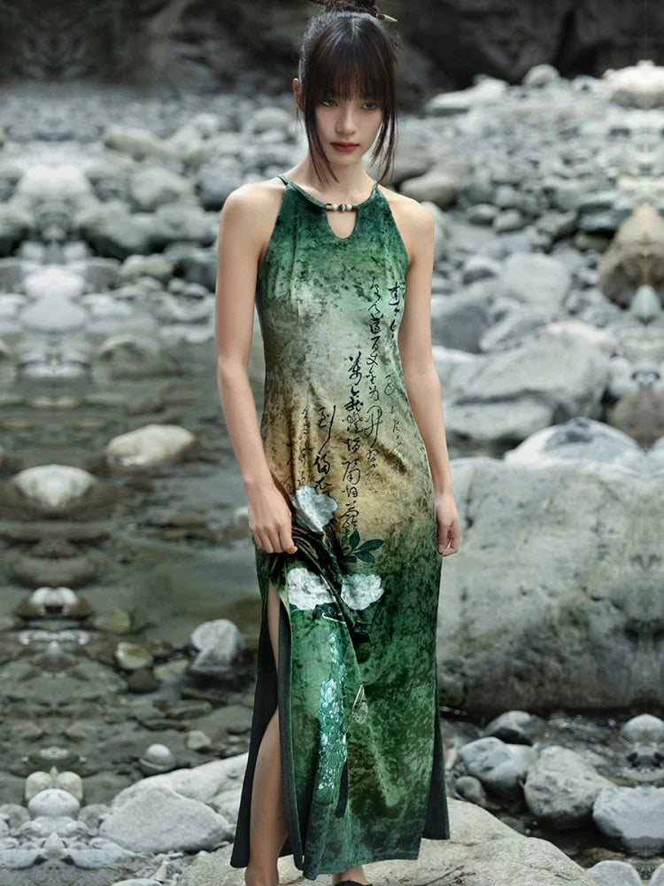 New Chinese Style Retro Cut Halter Neck Dress