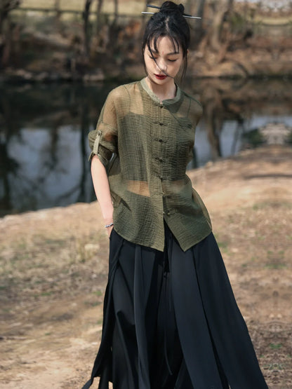 New Chinese Style Button See Through Shirt