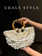 Vintage Handwoven Shell Disc Bucket Bag