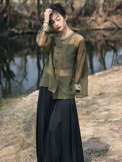 New Chinese Style Button See Through Shirt