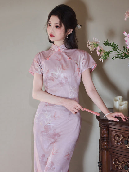 Pastel Flowers - Short Sleeve Floral Style Long Cheongsam