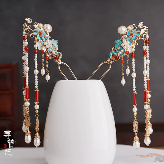 Long Tassels Hair Pins: Jade Flowers