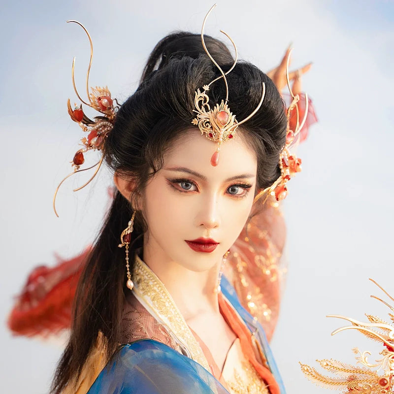Hanfu Hair Accessories Set: Red Flame Moon Song