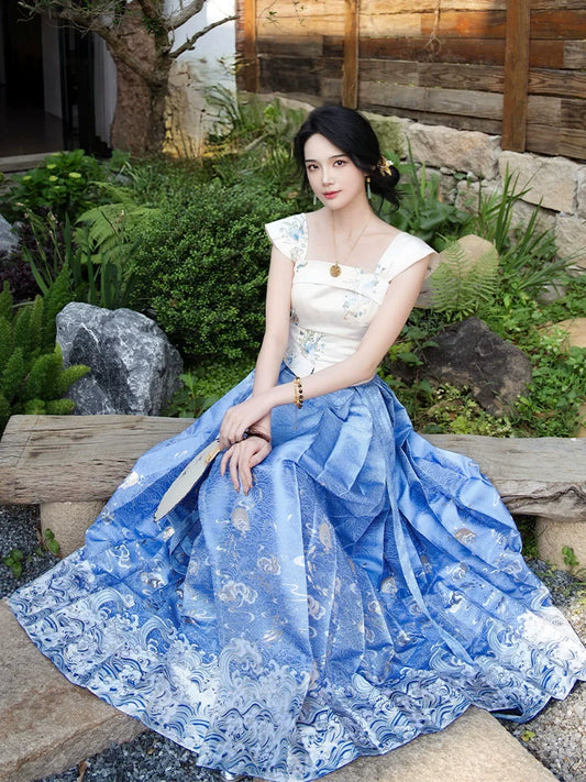 Waves 海浪 - Modern Ming Dynasty Bustier, Mamianqun Hanfu Outfit (Preorder)