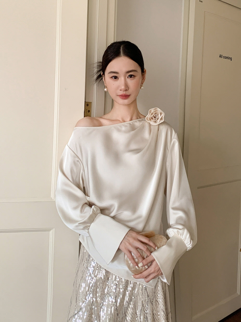 Off-Shoulder Flower Accent Blouse