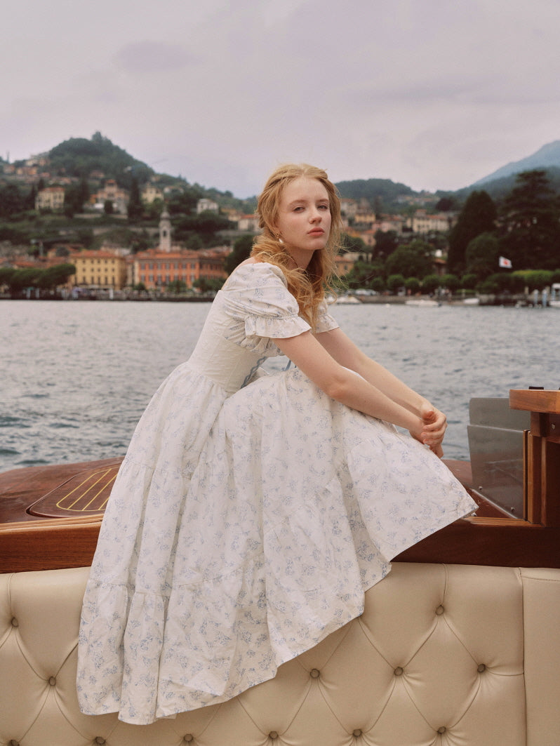Blue Toile Vintage Lace-Up Cottagecore Dress