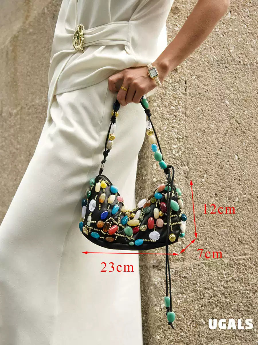 Colorful Stone Silk Satin Dumpling Clutch Bag