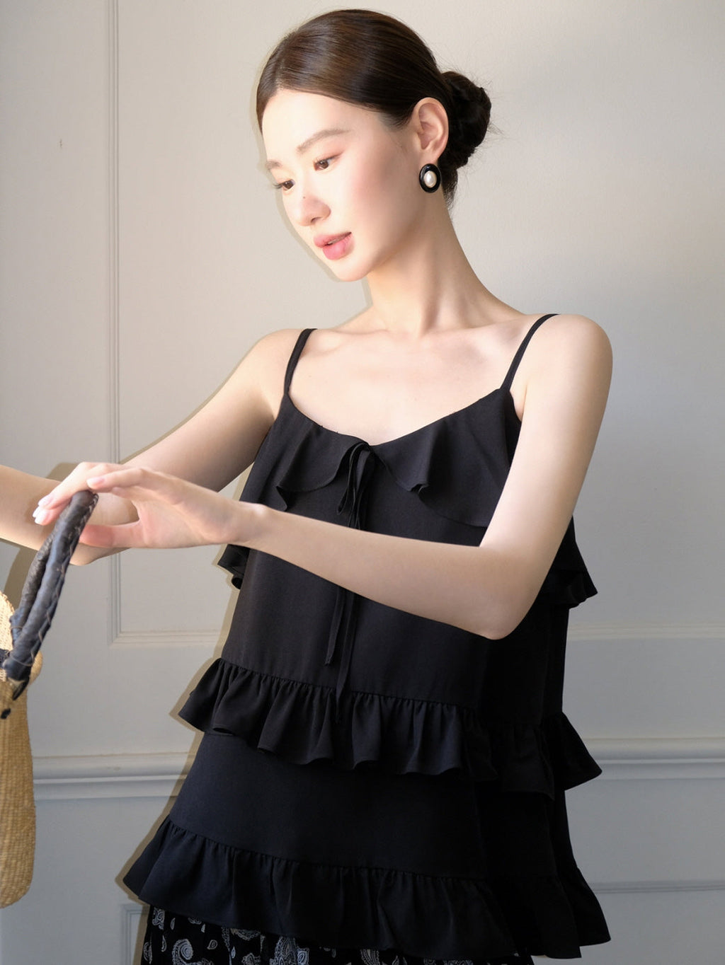 Black Ruffle Camisole & Paisley Maxi Skirt