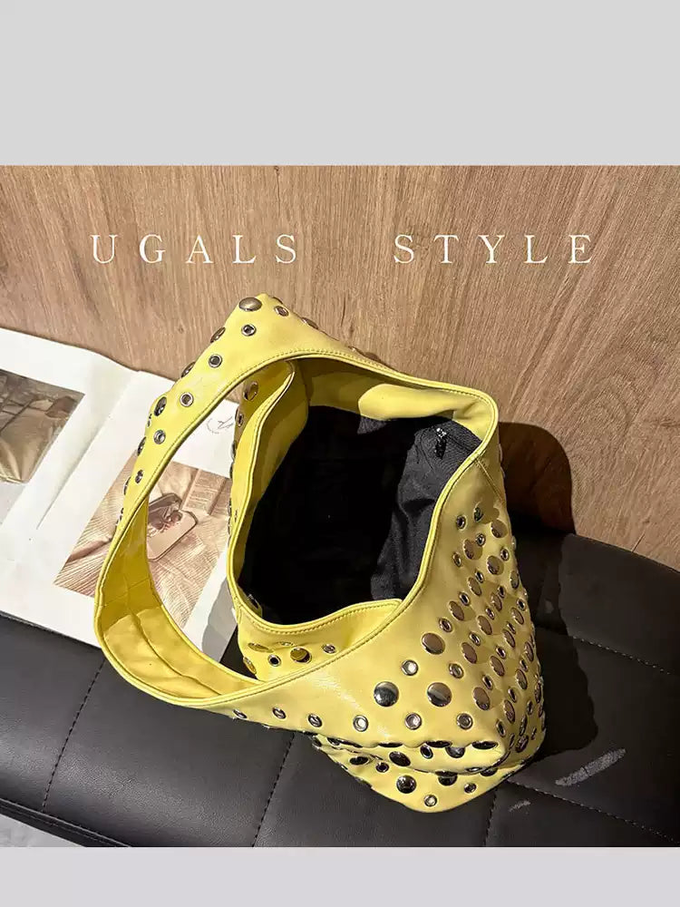 Punk Studded Hobo Shoulder Bucket Tote Bag