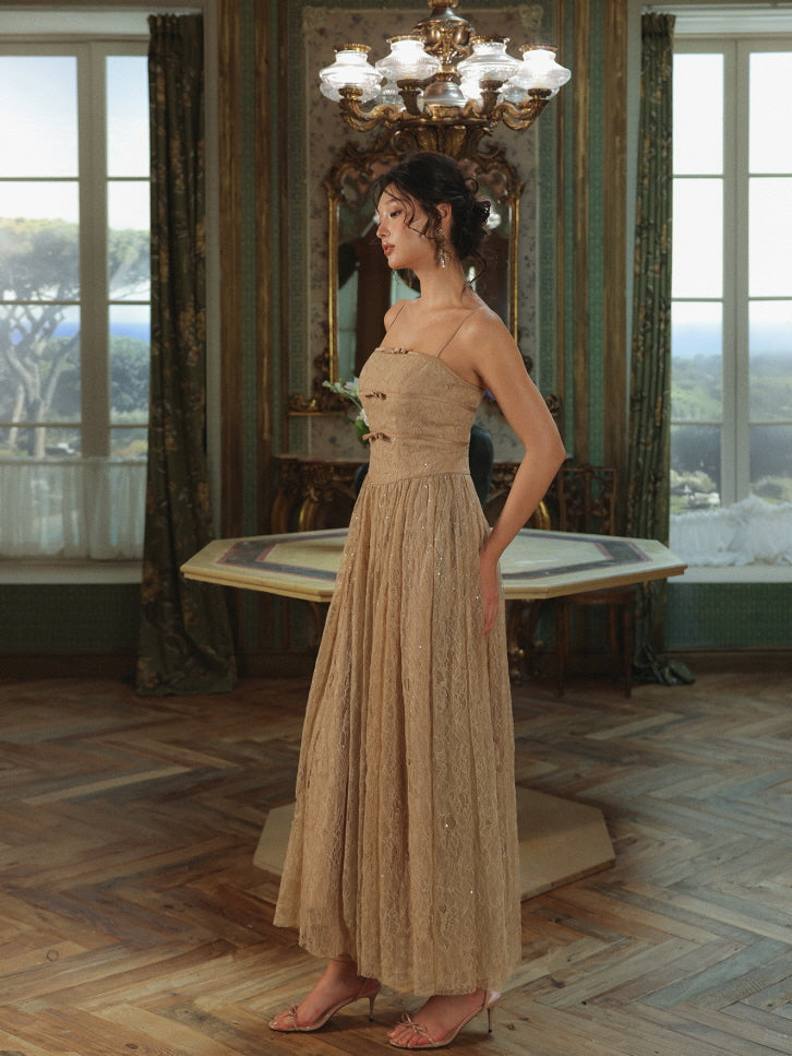 Champagne Lace Bow Evening Dress