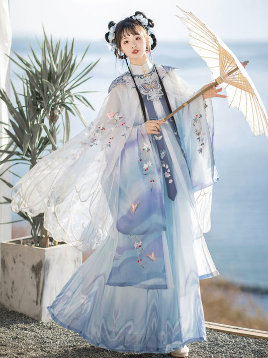 Butterflies and Clouds - Cloud Collar & Pleated Skirt Ming Dynasty Hanfu Set