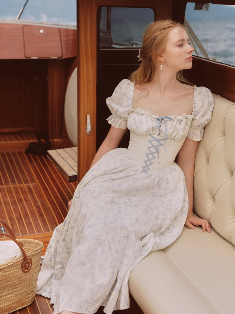 Blue Toile Vintage Lace-Up Cottagecore Dress
