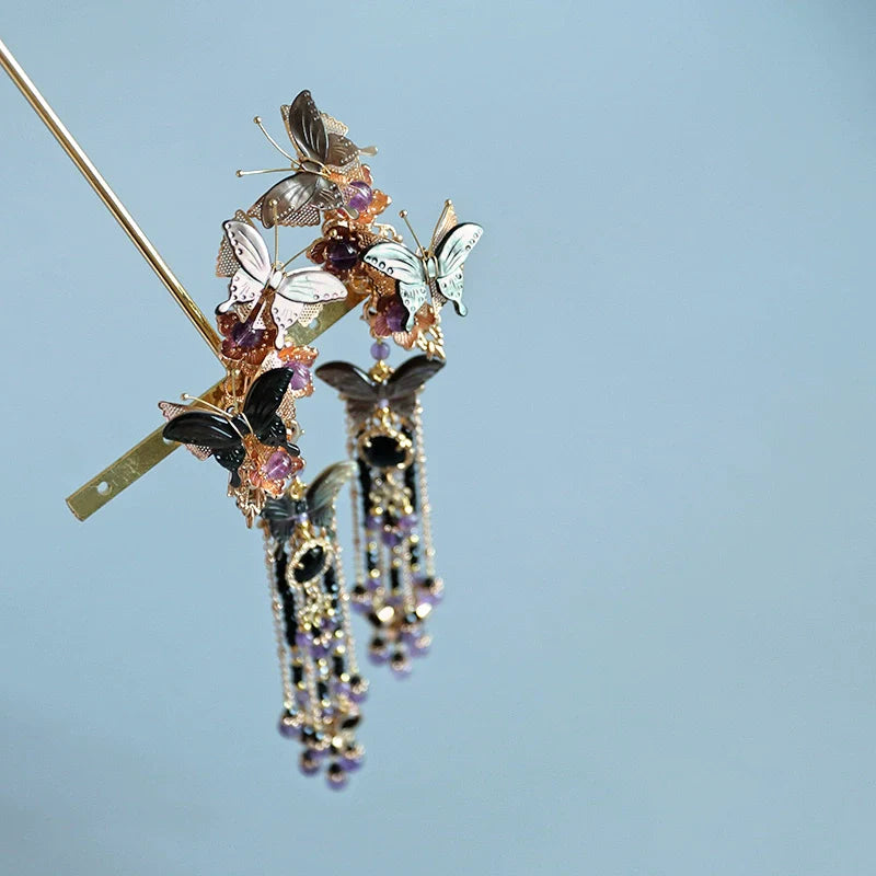 Long Tassels Hair Clip: Dark Butterfly