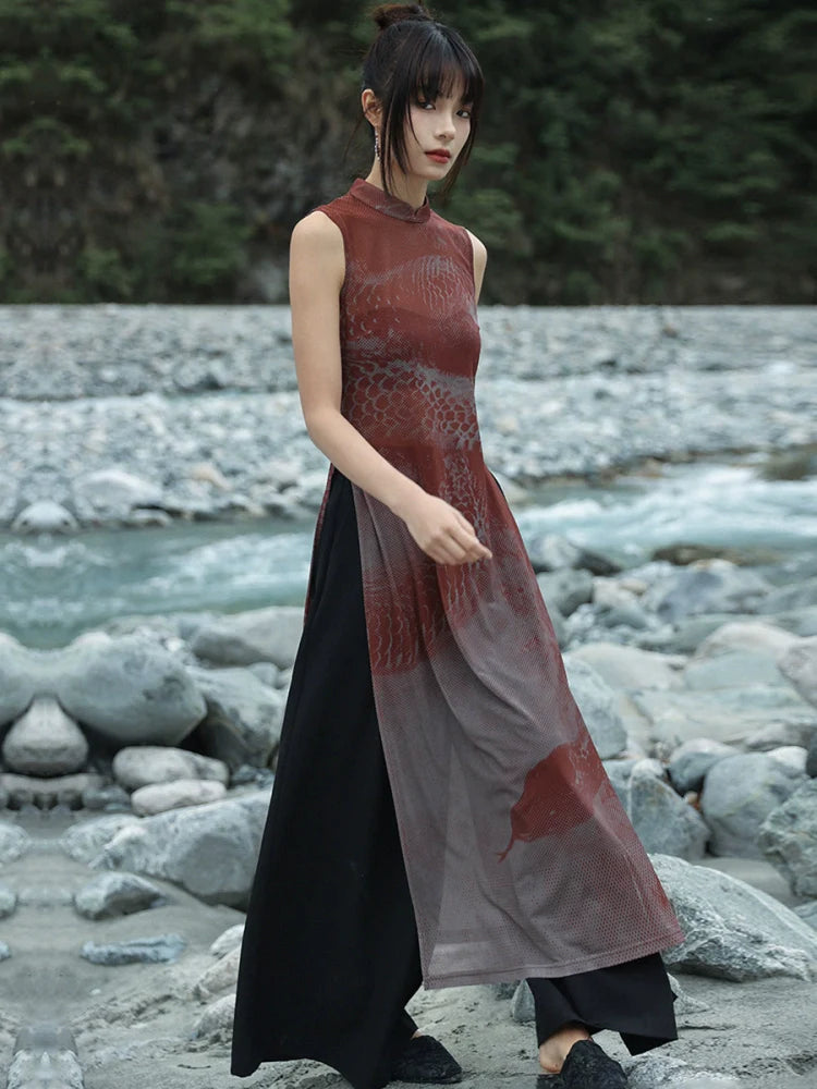 New Chinese Style Summer Slit See-Through Mesh Dress