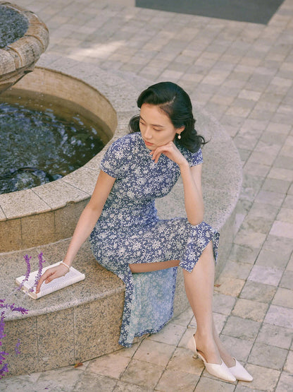 Porcelain Strands 瓷缕 - Cotton Short Sleeves Mid Length Retro Cheongsam (Preorder)
