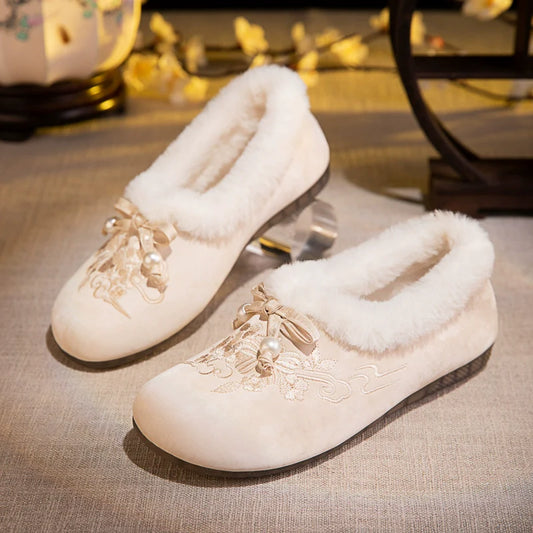 Fangyu - Furry Embroidered Hanfu Shoes for Winter