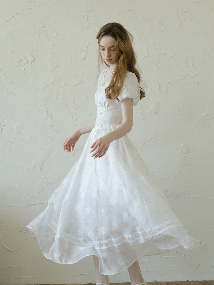 White Floral Corset Waist Dress
