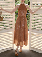 Golden Bloom Halter Dress