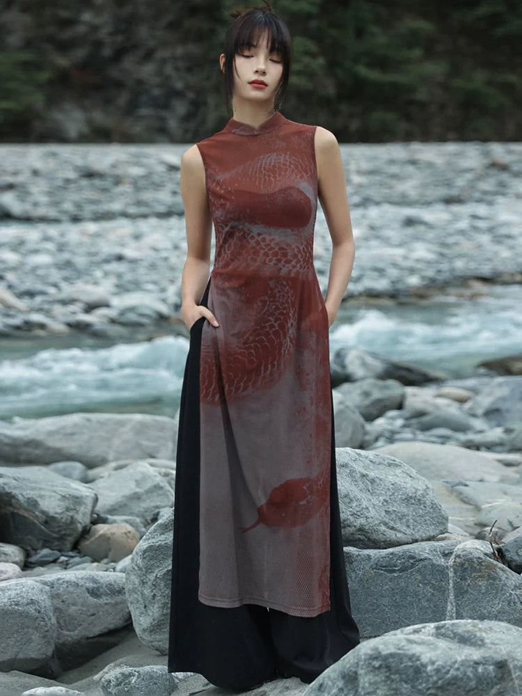 New Chinese Style Summer Slit See-Through Mesh Dress