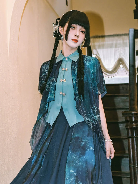Floating Glow Top 蓝界浮荧 - New Chinese Double Chiffon Cotton Shirt
