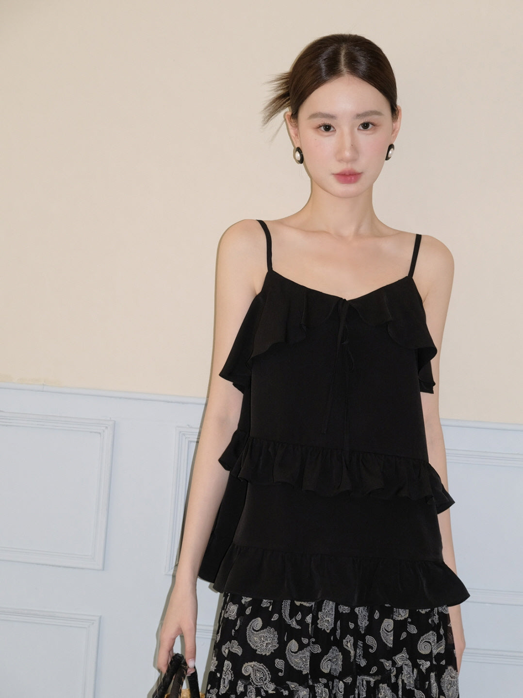Black Ruffle Camisole & Paisley Maxi Skirt