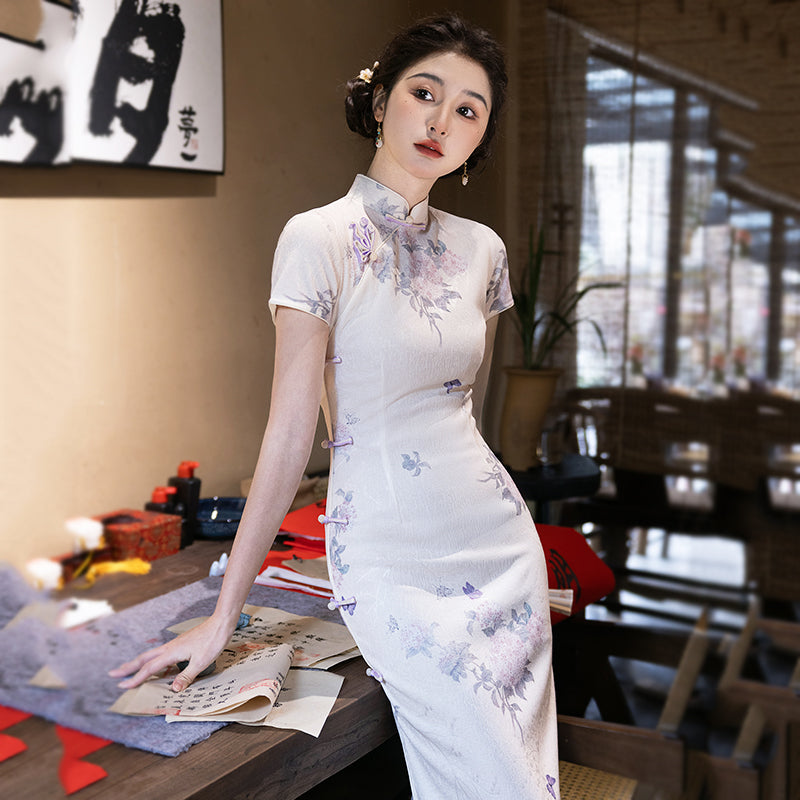 Into a Dream 入梦 - Short Sleeve Spring Purple Midi Cheongsam