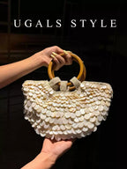 Vintage Handwoven Shell Disc Bucket Bag