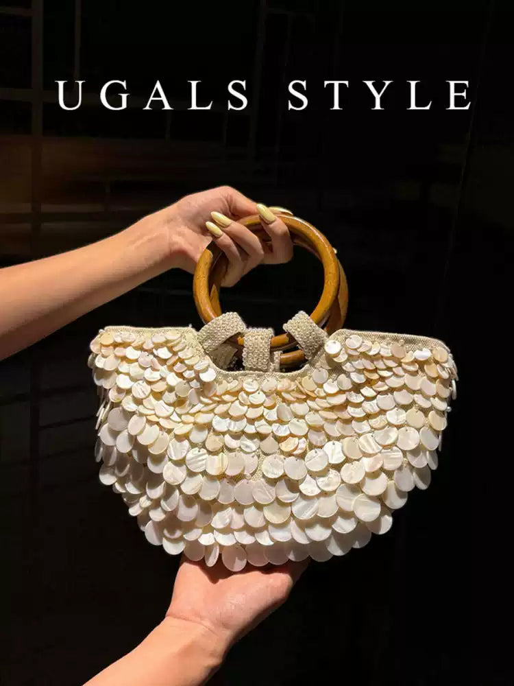Vintage Handwoven Shell Disc Bucket Bag