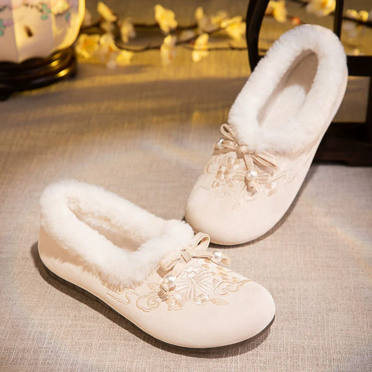 Fangyu - Furry Embroidered Hanfu Shoes for Winter