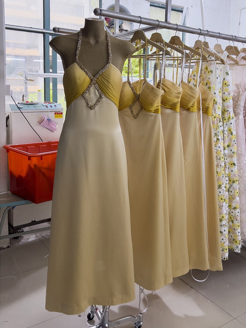 Golden Twilight Beaded Halter Dress