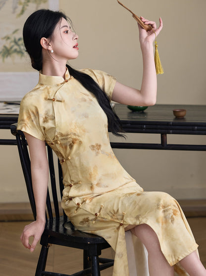 Golden Jade - Short Sleeve Vintage Style Long Cheongsam