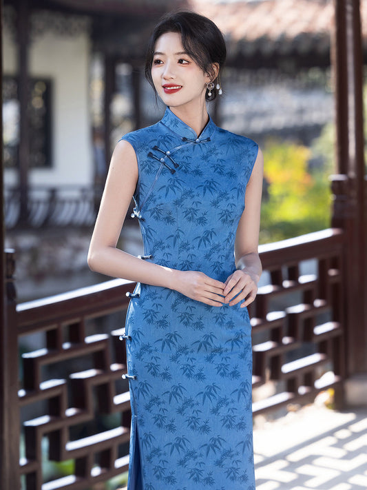 Sea Bamboo - Sleeveless Long Cheongsam Dress