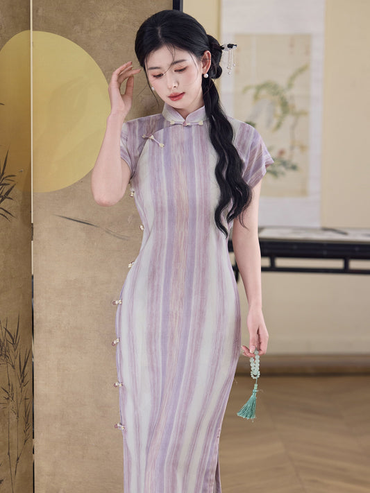 Light and Dust 和光同尘 - Short Sleeve Retro Stripes Long Cheongsam