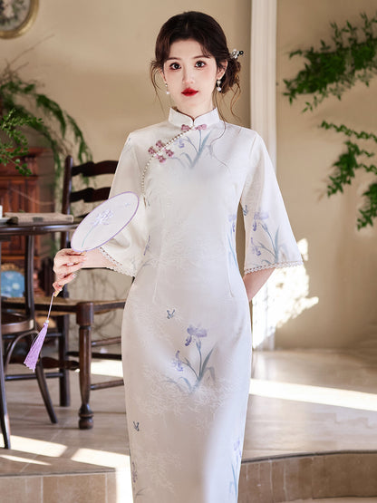 Soft Clouds - Half Sleeve Midi Floral Cheongsam