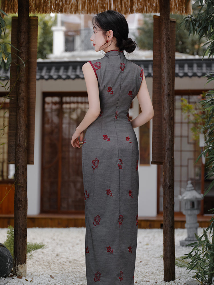 Silver Ragwort - Sleeveless Long Retro Hong Kong Style Cheongsam