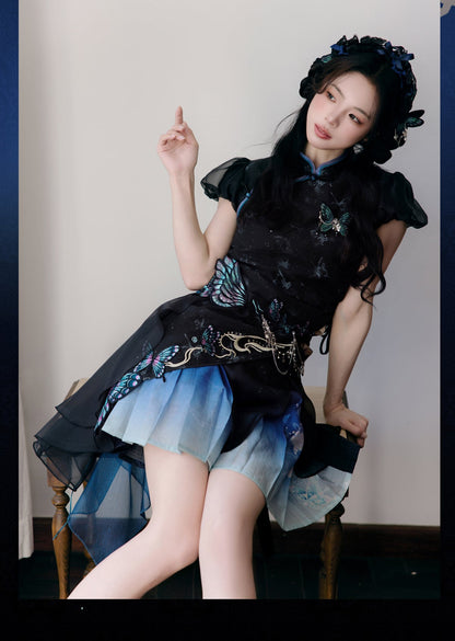 Butterfly Under The Lamp 灯下蝶 - New Chinese Style Eclectic Cheongsam Top and Mamianqun Set (Preorder)