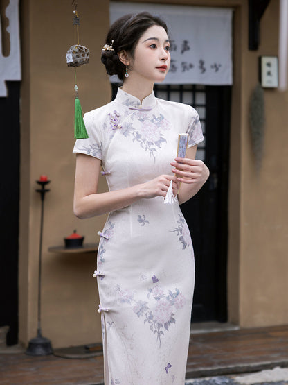 Into a Dream 入梦 - Short Sleeve Spring Purple Midi Cheongsam