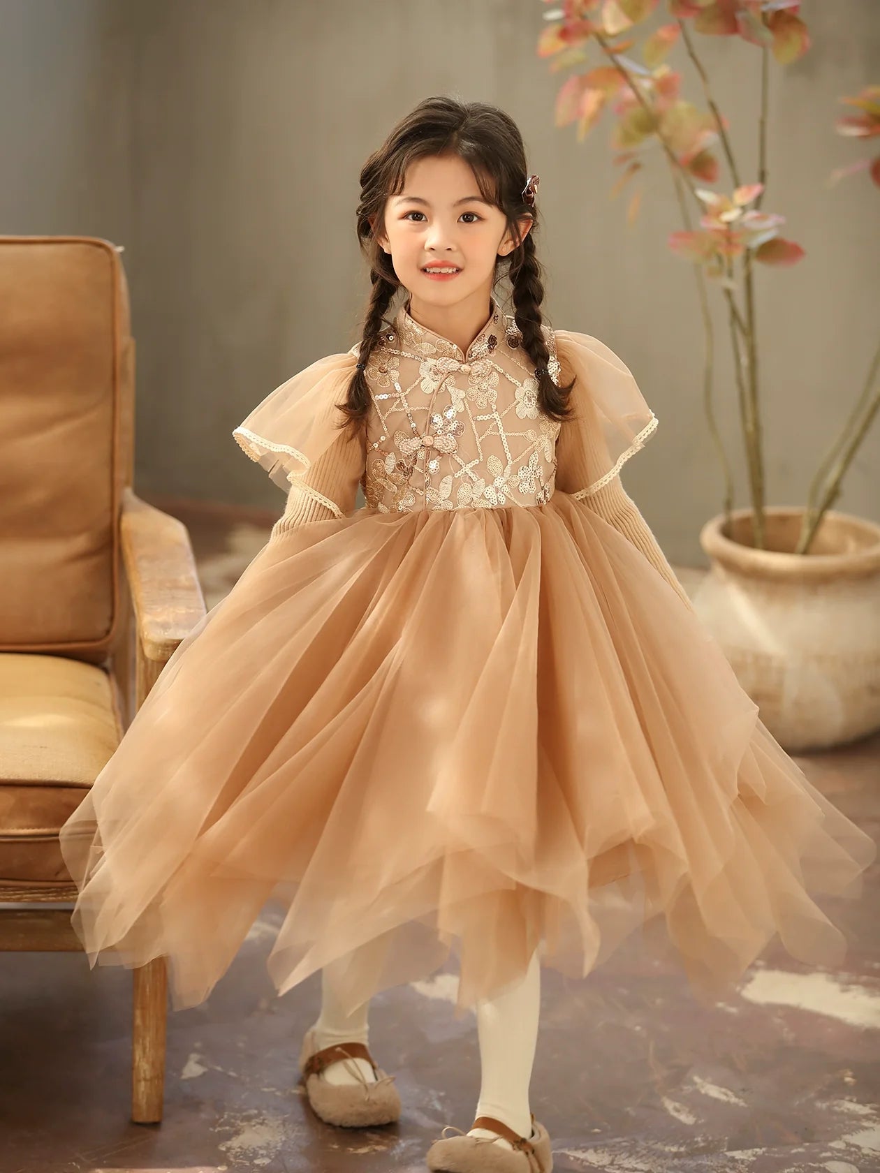 Latte - New Chinese Style Cheongsam for Girls