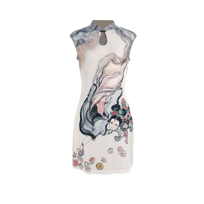 New Chinese Style Stand-Up Collar Short Dress - Chang'E