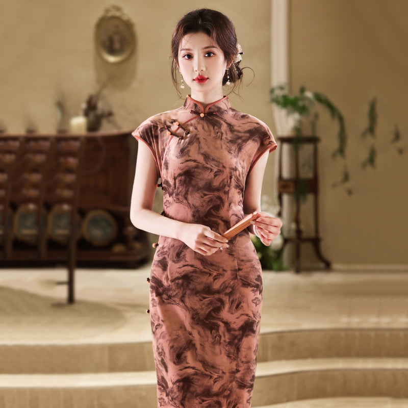 Velvet - Short Sleeve Vintage Red Long Cheongsam