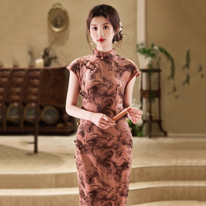 Velvet - Short Sleeve Vintage Red Long Cheongsam
