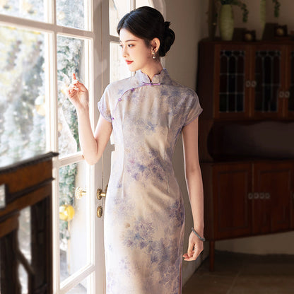 Lavender - Short Sleeve Floral Midi Purple Cheongsam