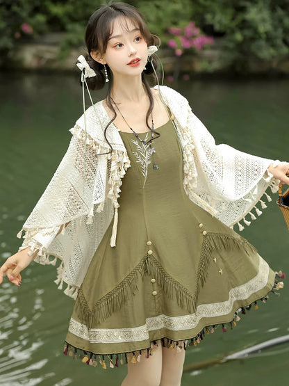 Qi Lolita Ming Dynasty Hanfu Cottage Inspired Dress, Rusty Green