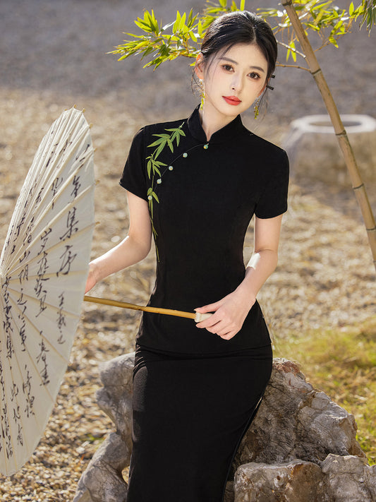Embroidered Bamboo - Short Sleeve Long Black Cheongsam