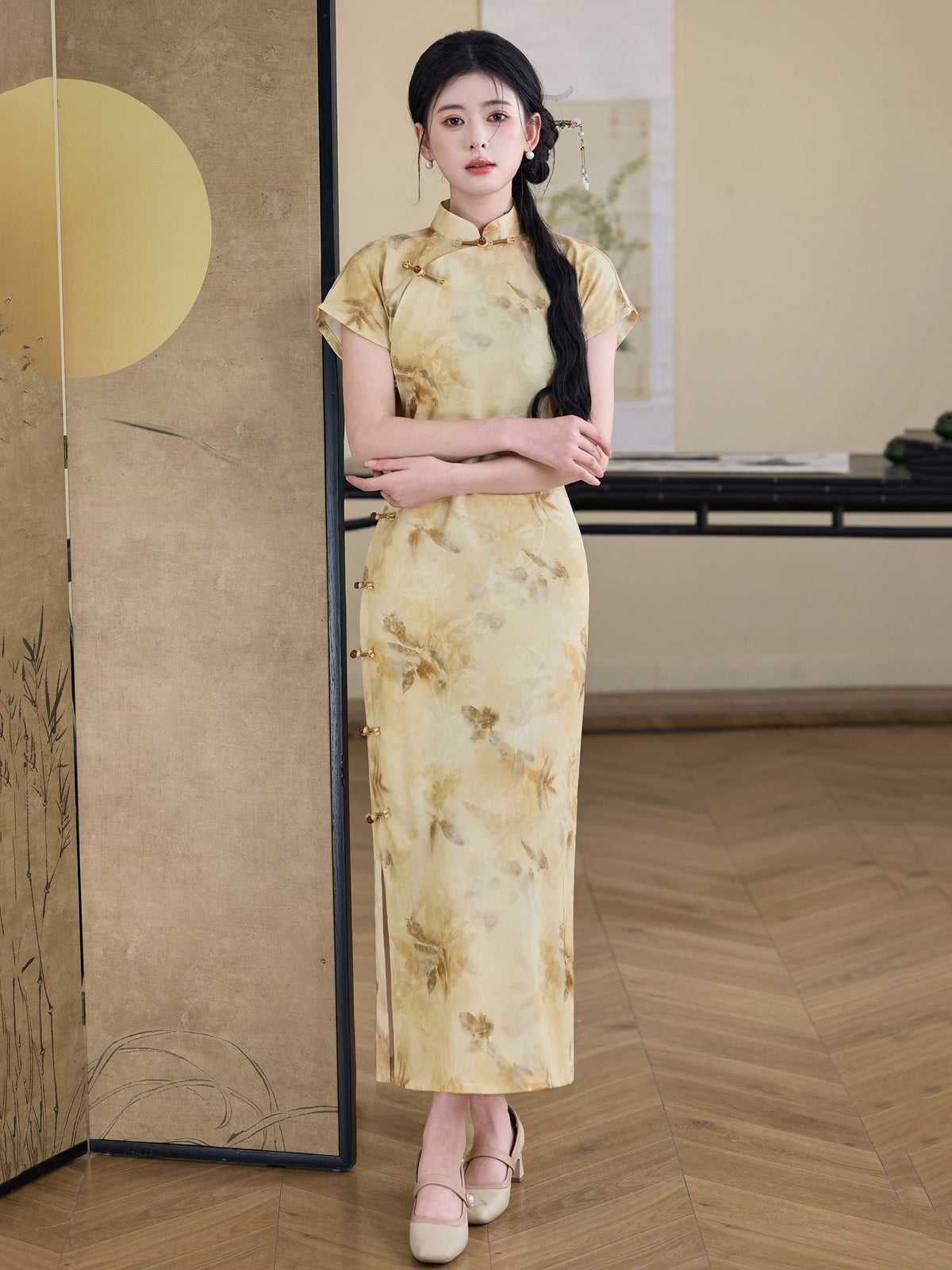 Golden Jade - Short Sleeve Vintage Style Long Cheongsam