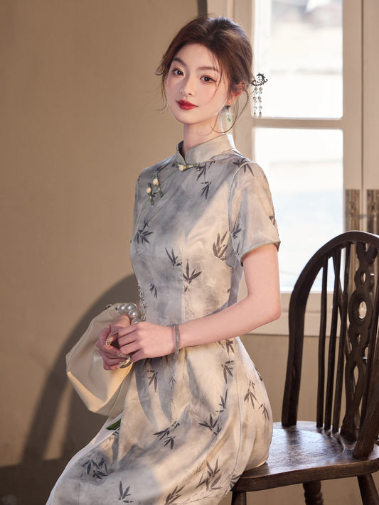 Spring Tour - Short Sleeve Grey Ao Dai Cheongsam