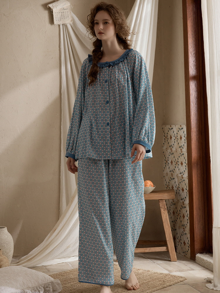 Vintage Geometric Ruffle Pajama Set
